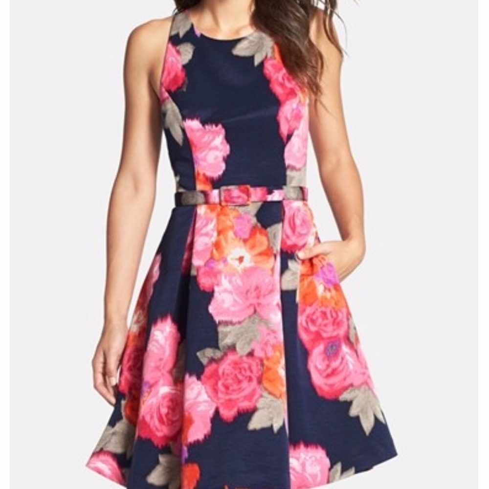 Eliza J Blue Floral Print Faille Fit & Flare Dress